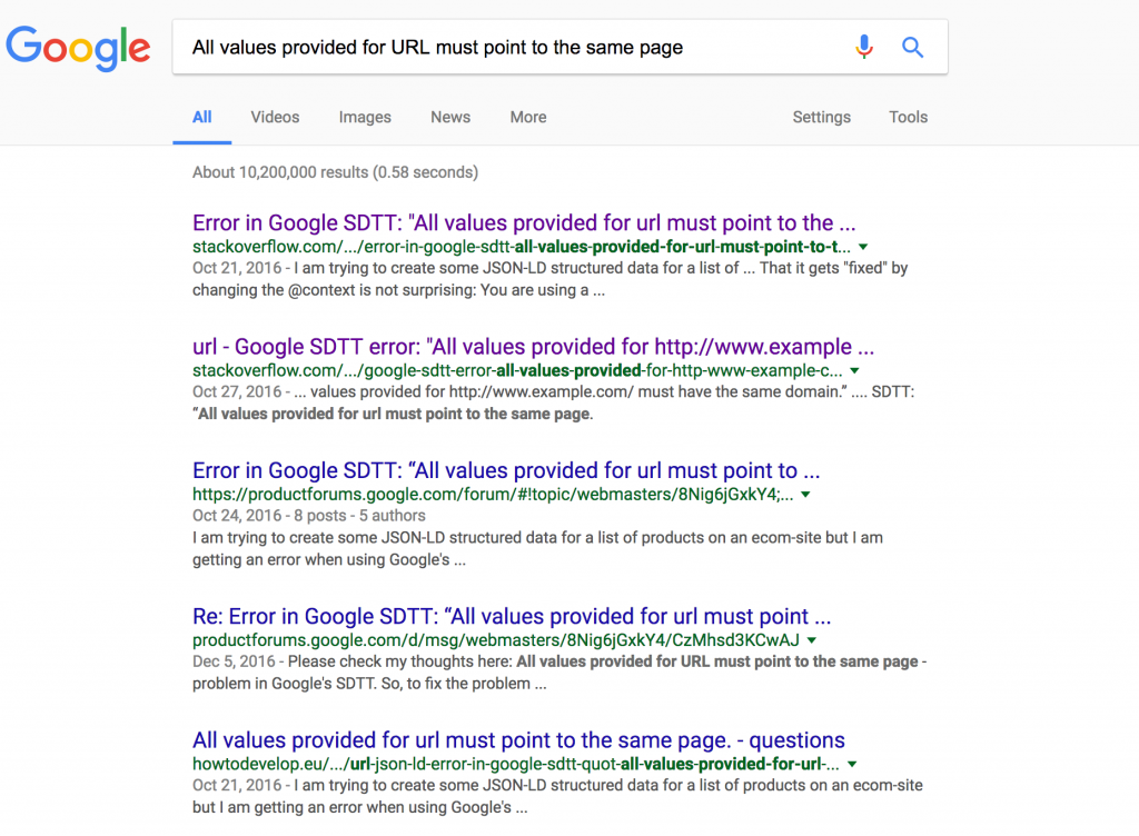 All values provided for URL must point to the same page - Google Search Results ScreenShot